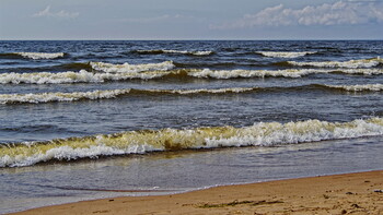 The waves of the sea and the sandy shore.