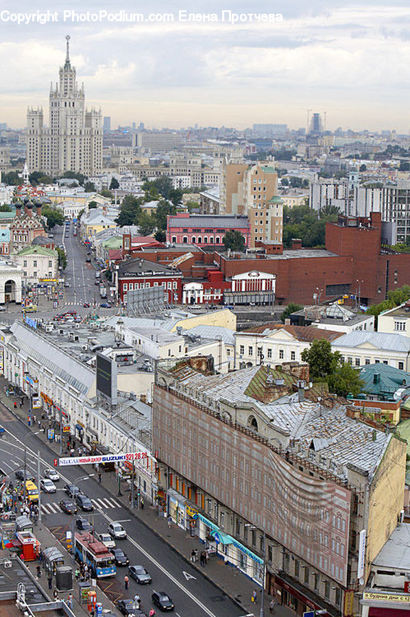 Aerial View, City, Downtown, Intersection, Road, Building, Town