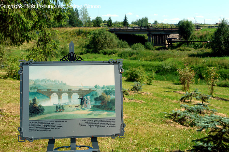 Billboard, Bridge, Canal, Outdoors, River, Water, Conifer