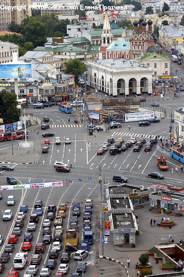 Intersection, Road, Building, Downtown, Town, Traffic Jam, Aerial View