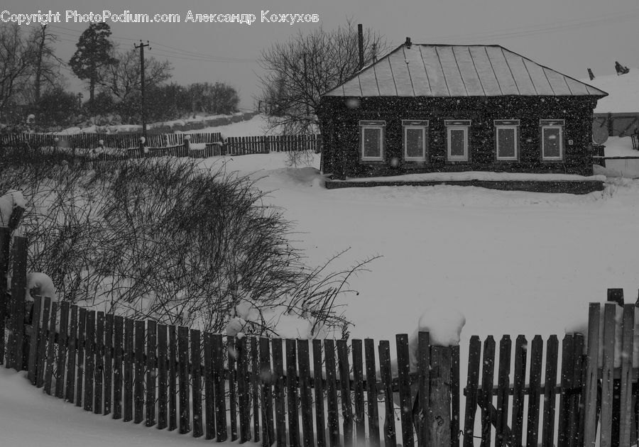Fence, Ice, Outdoors, Snow, Countryside, Building, Cottage