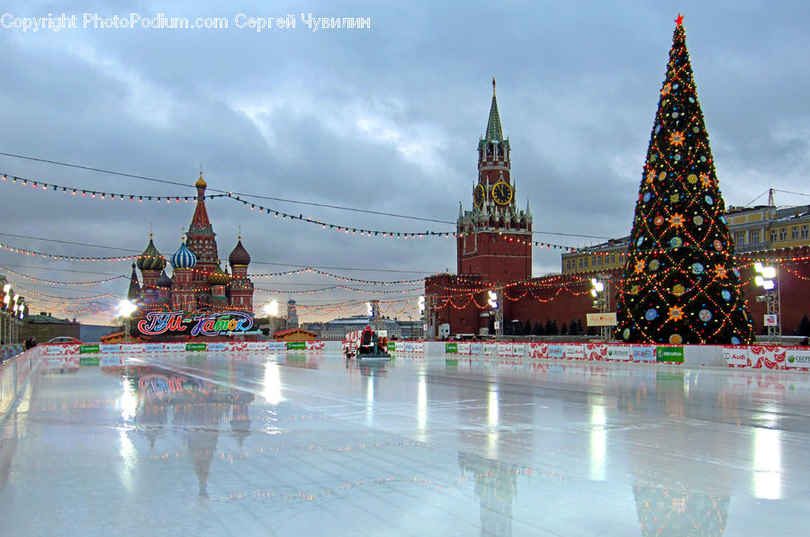 Ice Skating, Rink, Fountain, Water, Architecture, Downtown, Plaza