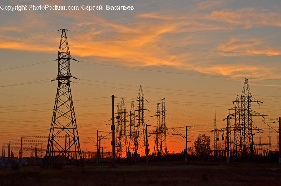 Cable, Electric Transmission Tower, Power Lines, Dusk, Outdoors, Sky, Sunlight