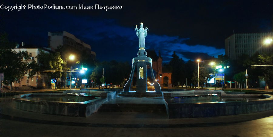 Fountain, Water, Architecture, Tower, Night, Outdoors, Intersection