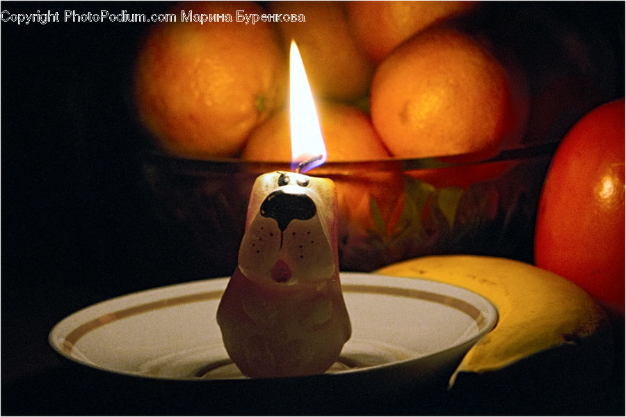 Candle, Citrus Fruit, Fruit, Orange, Porcelain, Saucer, Indoors