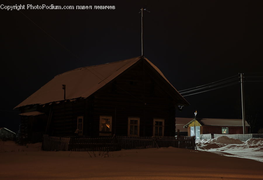 Night, Outdoors, Building, Cottage, Housing, Deck, Porch