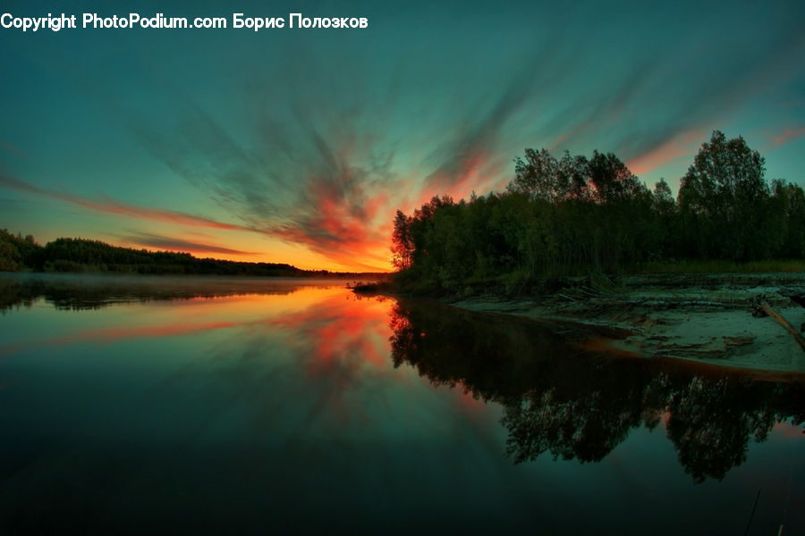 Lagoon, Lake, Outdoors, Water, Dawn, Dusk, Red Sky
