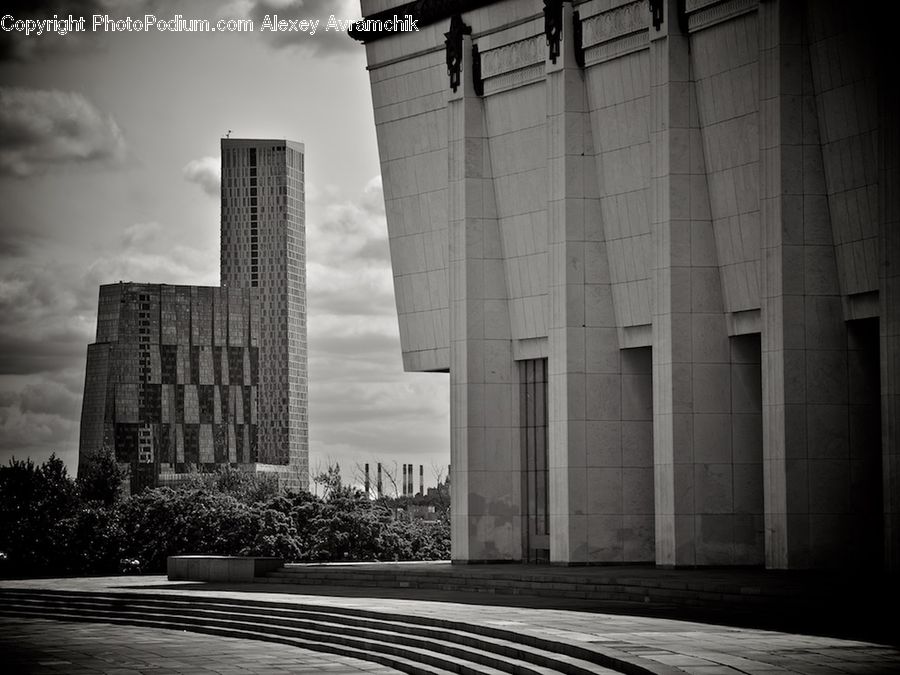 City, Downtown, Urban, Park Bench, Building, High Rise, Office Building