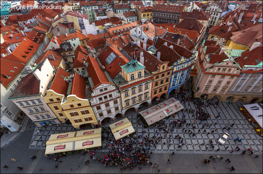 Aerial View, Downtown, Neighborhood, Town, Building, Roof, Brick