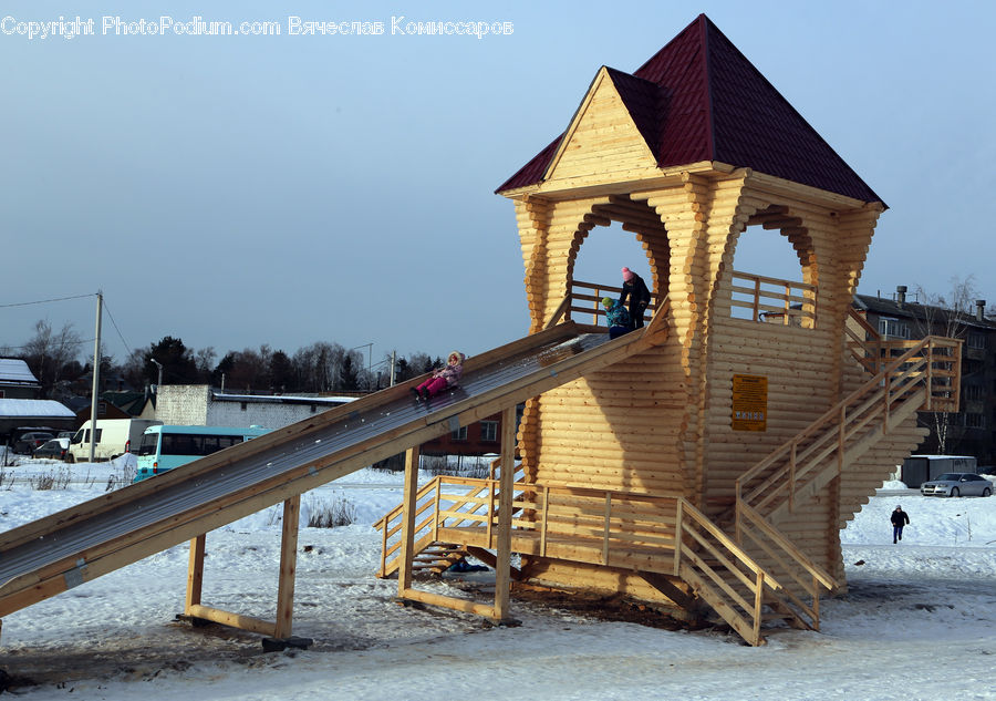 Playground, Pole, Gazebo, Seesaw, Car, Van, Intersection
