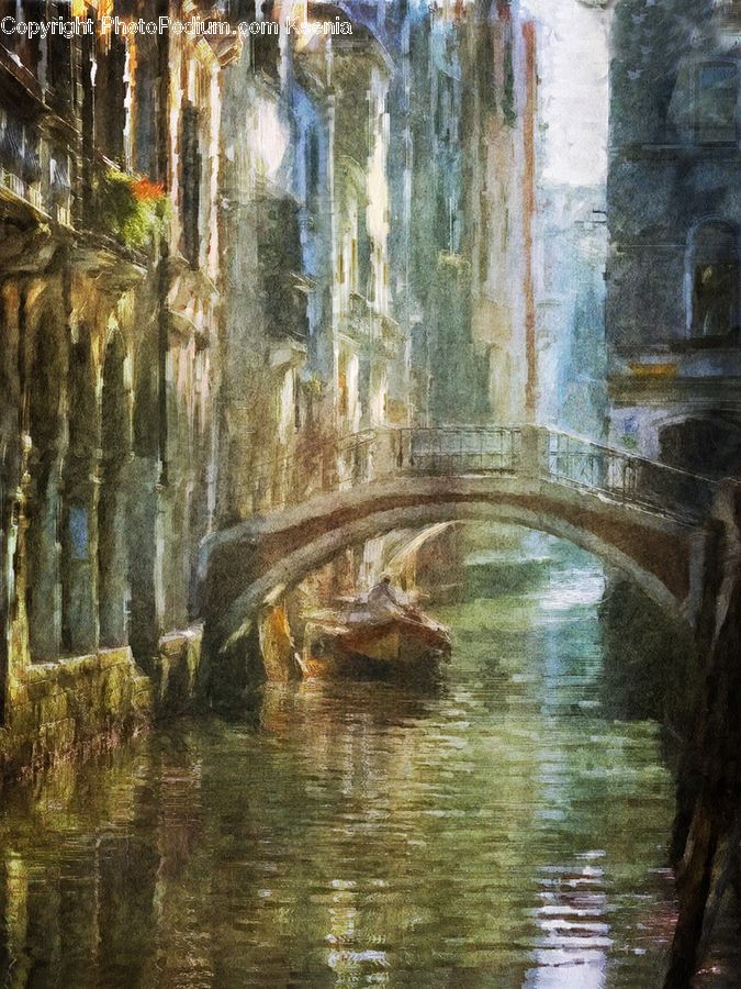 Art, Painting, Collage, Poster, Water, Fountain, Alley