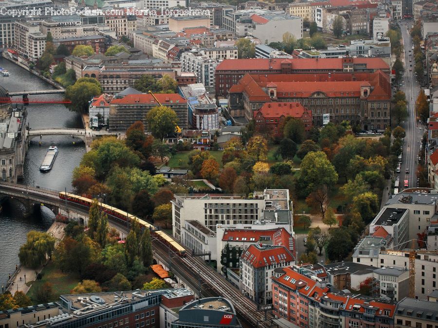 Aerial View, Bus, Vehicle, Intersection, Road, City, Downtown