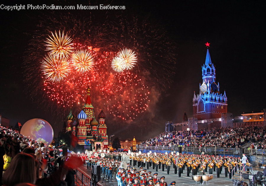 Crowd, Audience, Carnival, Festival, Parade, Fireworks, Night
