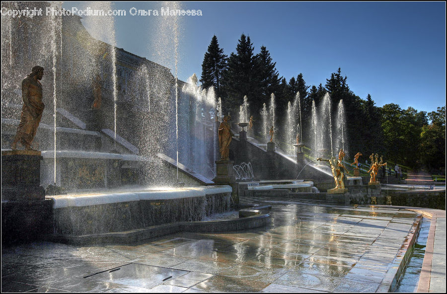 Fountain, Water, Boardwalk, Deck, Path, Sidewalk, Walkway