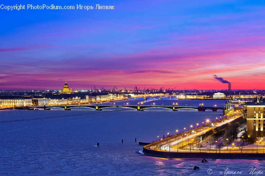 Bridge, Harbor, Port, Waterfront, Dawn, Dusk, Red Sky