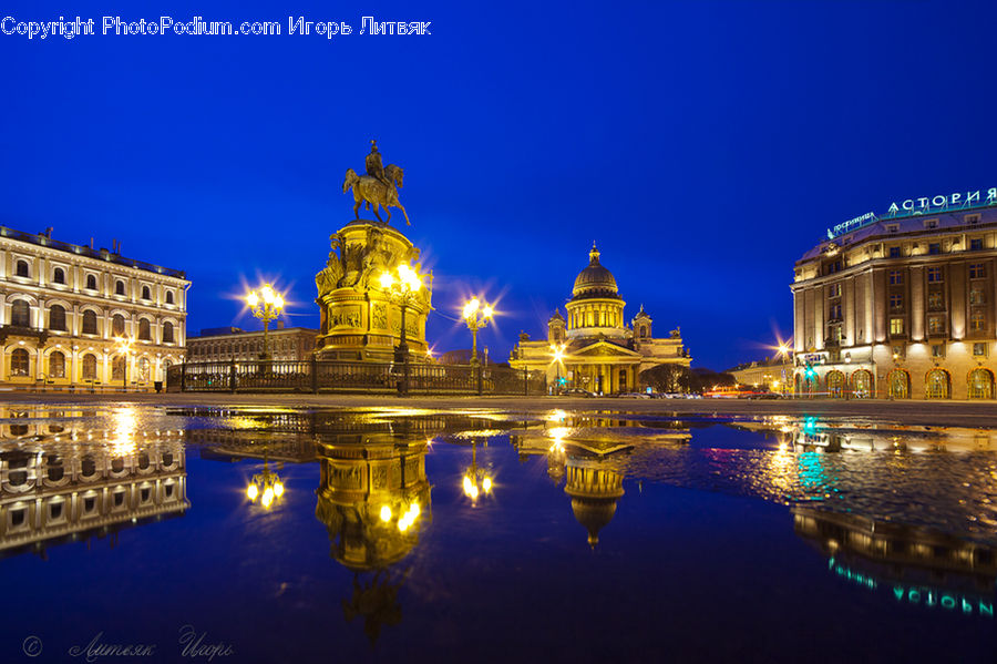 Fountain, Water, Building, Night, Outdoors, City, Downtown
