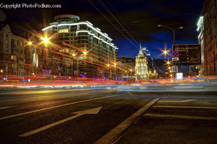Intersection, Road, City, Downtown, Metropolis, Urban, Lighting