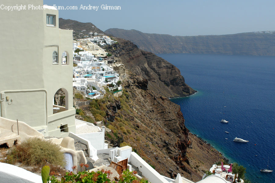 Cliff, Outdoors, Building, Downtown, Town, Coast, Sea