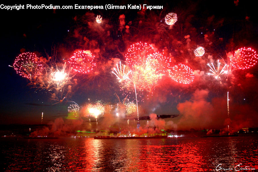 Fireworks, Night, Outdoors, Water, City, Downtown, Lighting