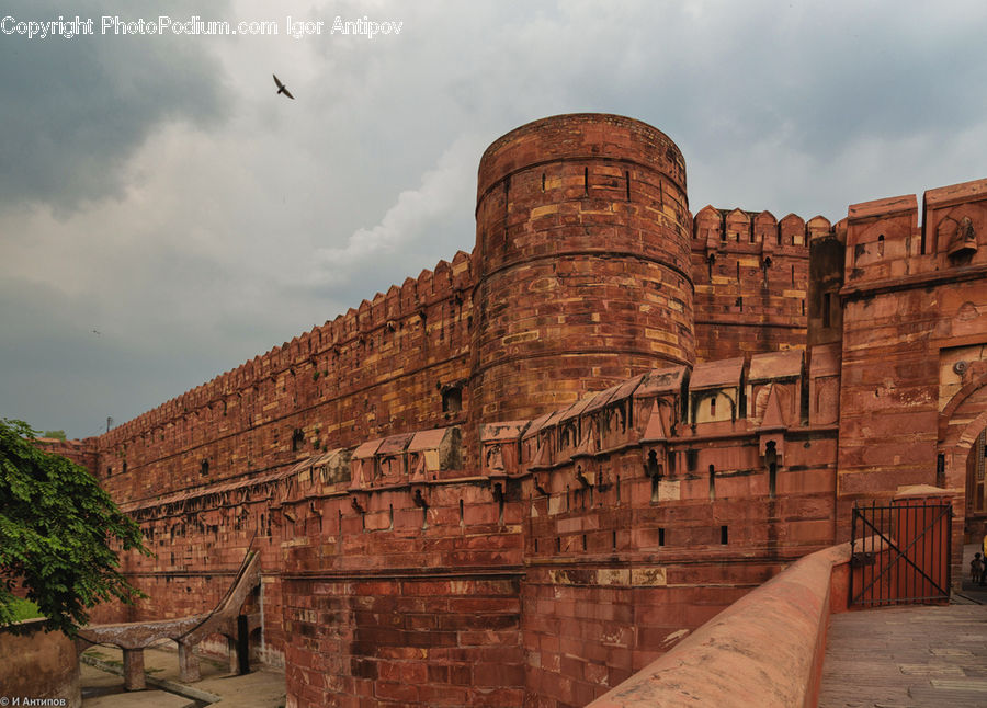 Castle, Fort, Bench, Brick, Banister, Handrail, Plant