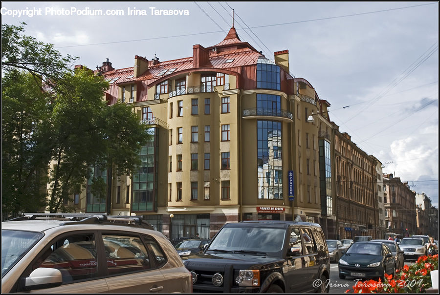 Automobile, Car, Vehicle, Building, Apartment Building, High Rise, Van