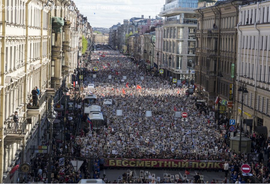 Crowd, Parade, Rubble, Construction, Road, Street, Town