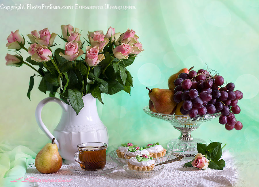 Fruit, Grapes, Glass, Goblet, Cream, Creme, Dessert