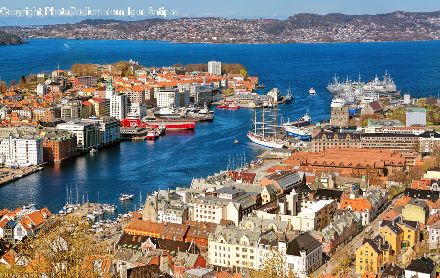 Harbor, Port, Waterfront, City, Downtown, Aerial View, Dock