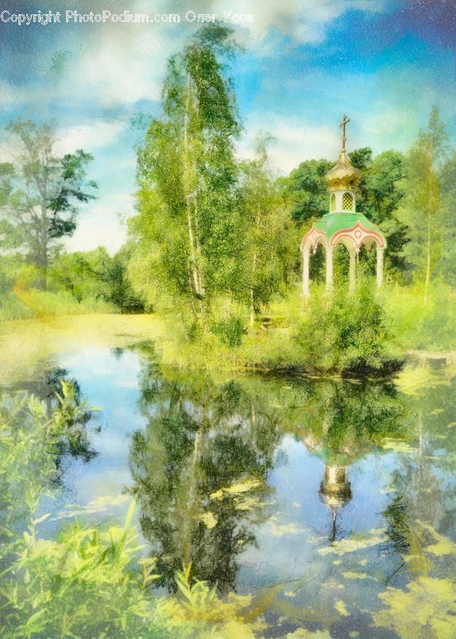 Gazebo, Art, Painting, Countryside, Outdoors, Dirt Road, Gravel