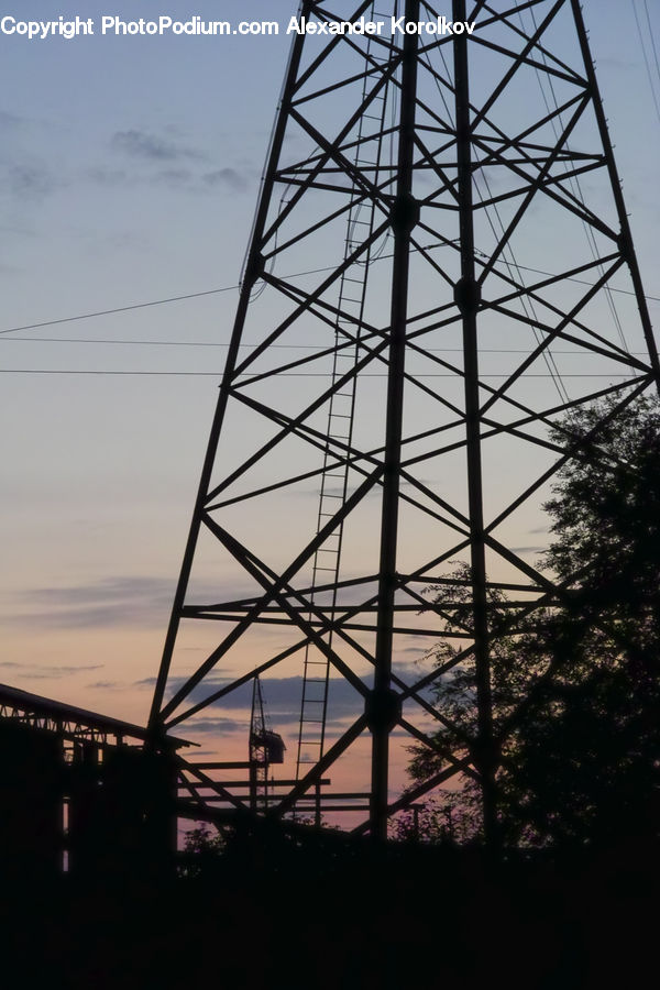 Cable, Electric Transmission Tower, Power Lines, Silhouette, Plant, Tree, City