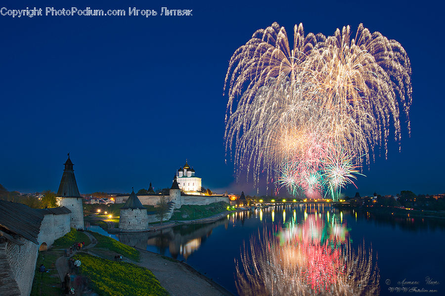 Fireworks, Night, Architecture, Castle, Fort, Boardwalk, Deck