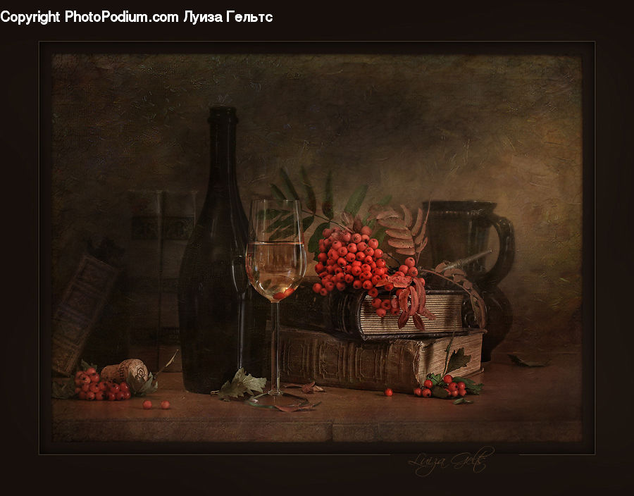 Art, Painting, Still Life, Bottle, Glass, Goblet, Flower Arrangement