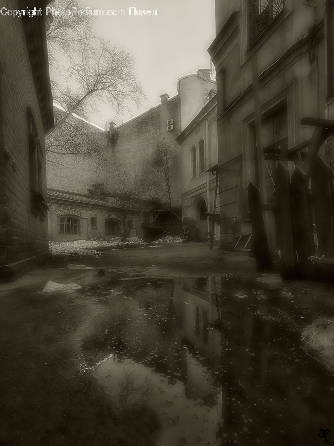 Puddle, Downtown, Neighborhood, Town, Alley, Alleyway, Road
