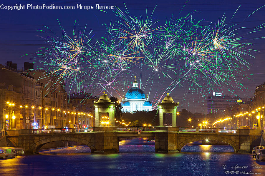 Fireworks, Night, Canal, Outdoors, River, Water, City
