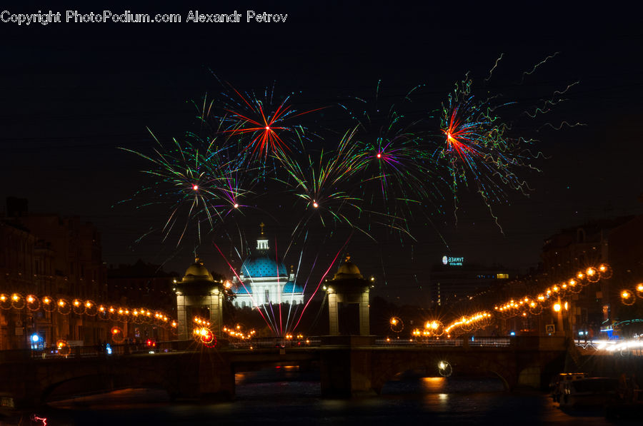 Fireworks, Night, Outdoors, Bridge, Lighting, Alley, Alleyway