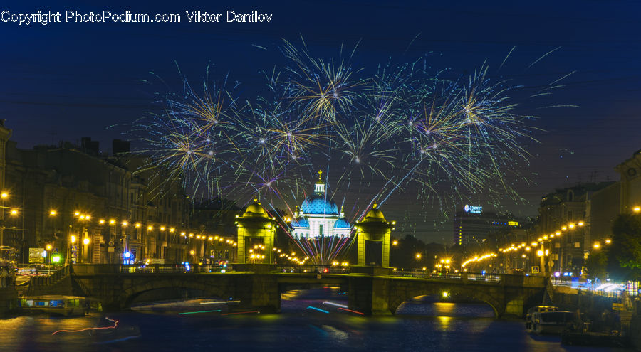Fireworks, Night, Outdoors, Arena, City, Downtown, Urban