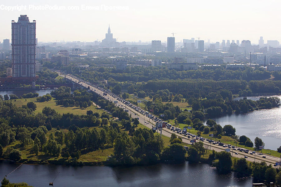 Aerial View, City, Downtown, Metropolis, Urban, Freeway, Road