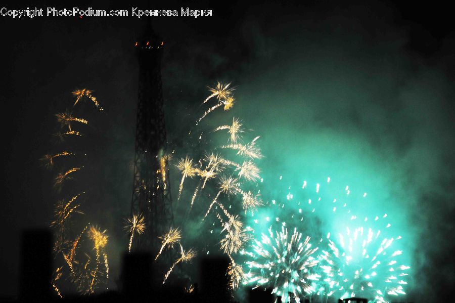 Fireworks, Night, Outdoors, Beacon, Building, Lighthouse, Water Tower