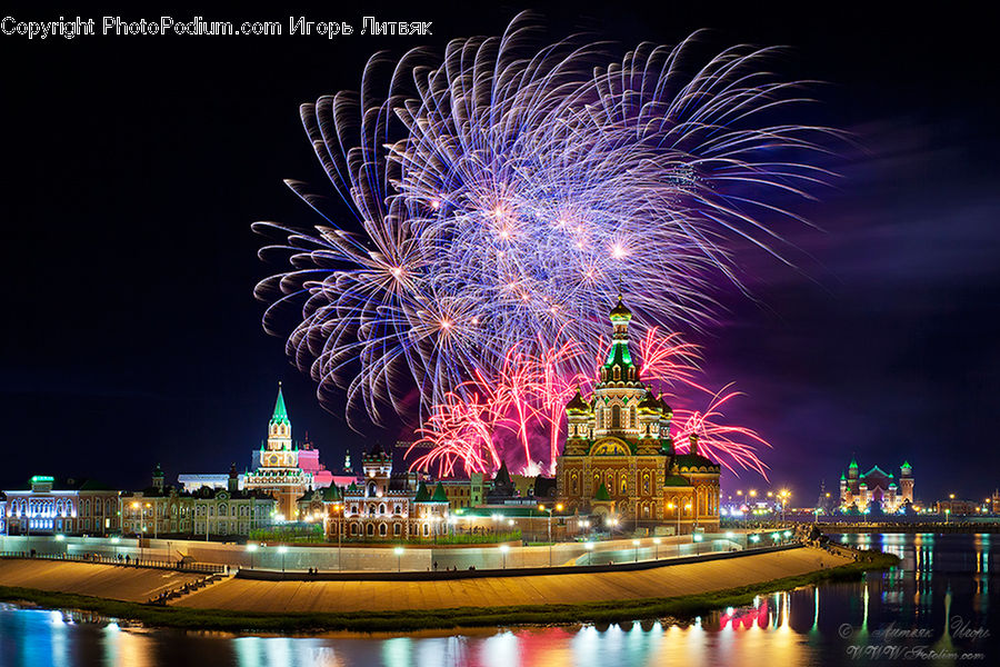 Fireworks, Night, City, Downtown, Metropolis, Urban, Architecture