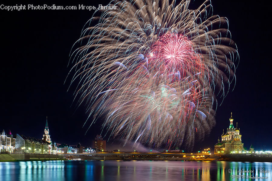 Fireworks, Night, Architecture, Spire, Steeple, Tower, City