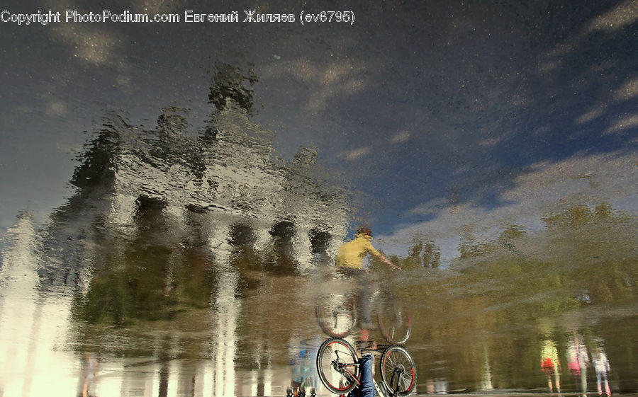 Bicycle, Bike, Vehicle, Puddle, Fountain, Water, Asphalt