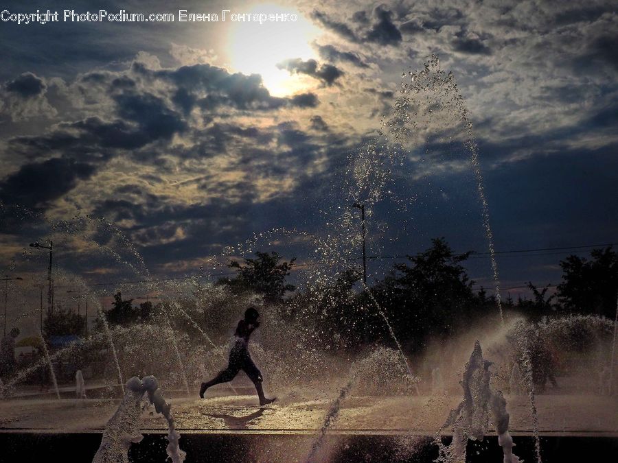 Fountain, Water, Silhouette, Dirt Road, Gravel, Road, Outdoors