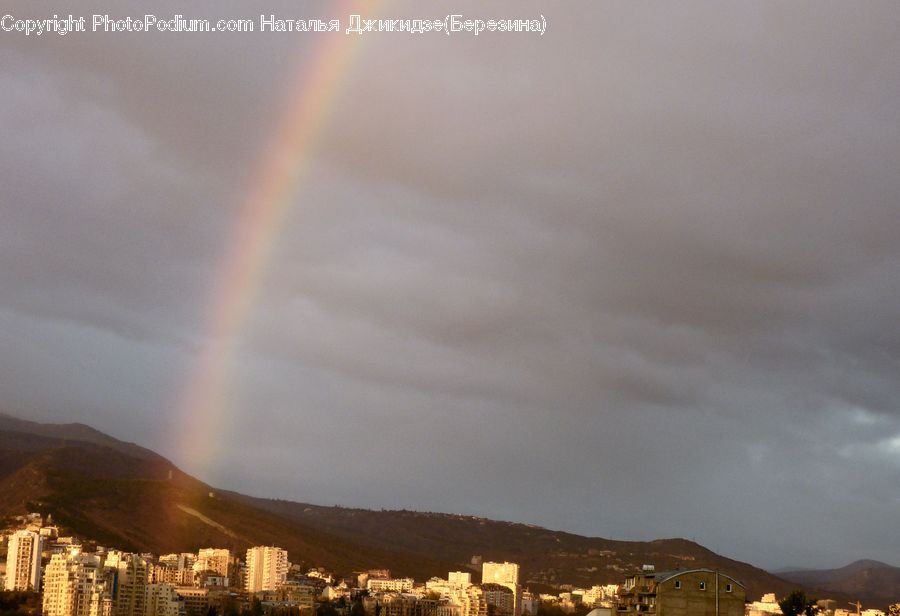 Outdoors, Rainbow, Sky, Building, Downtown, Town, City