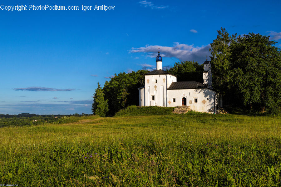 Field, Grass, Grassland, Land, Outdoors, Building, Cottage