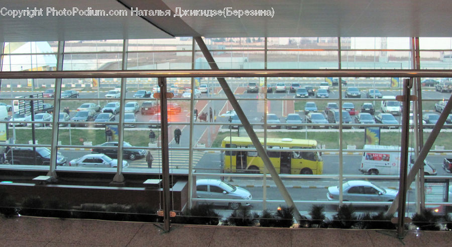 Automobile, Car, Vehicle, Airport Terminal, Terminal, Bus, Railing