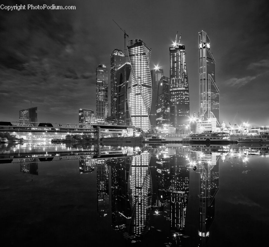 Night, Outdoors, City, Downtown, Urban, Lighting, Water