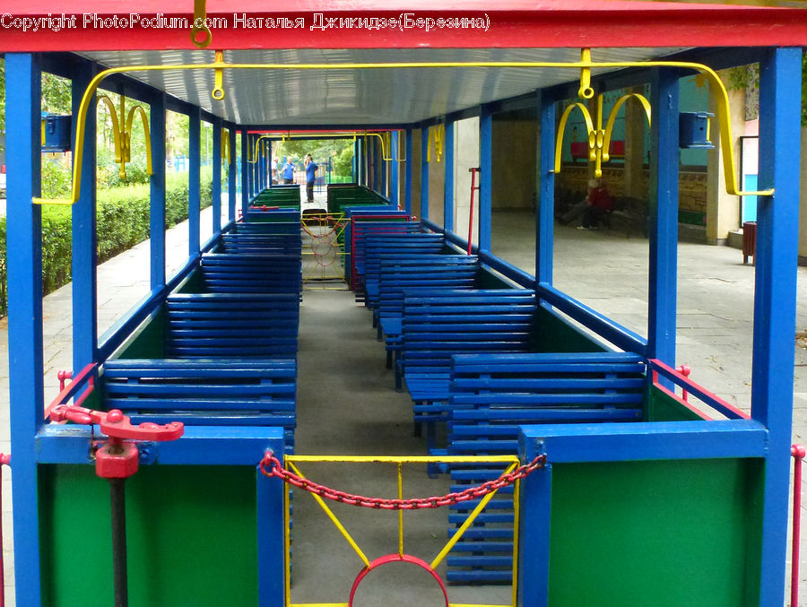 Playground, Bench, Path, Sidewalk, Walkway, Subway, Train