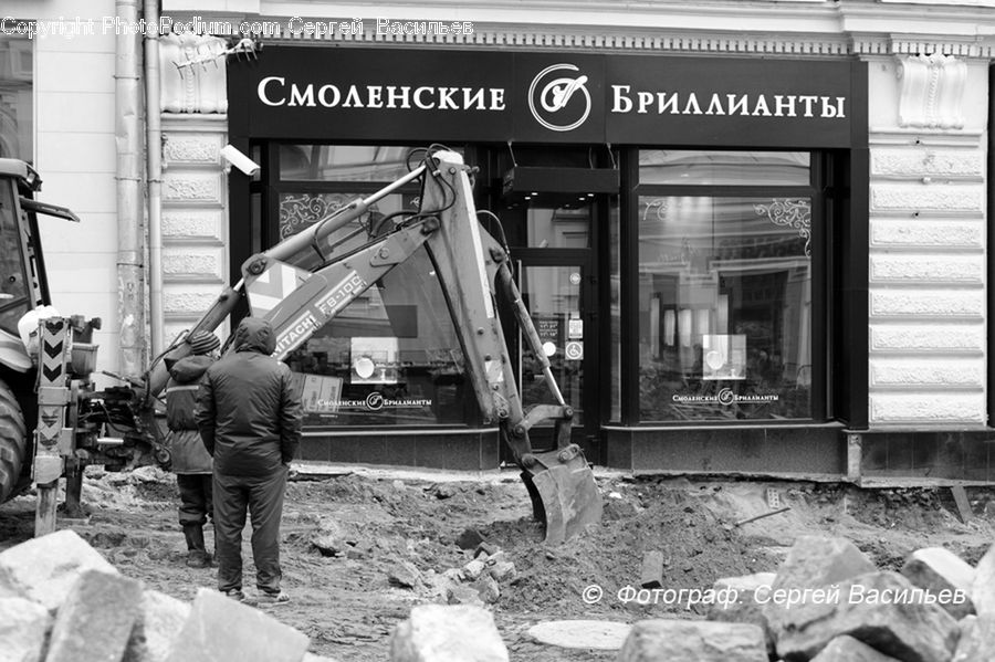 People, Person, Human, Shop, Tractor, Vehicle, Rubble