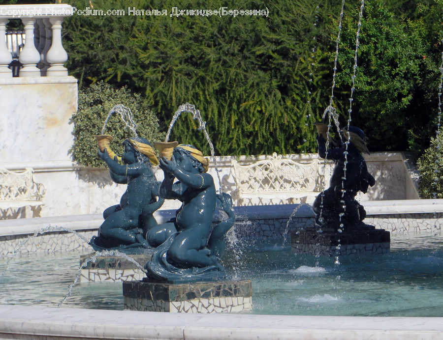 Fountain, Water, Outdoors, Forest, Vegetation, Art, Sculpture