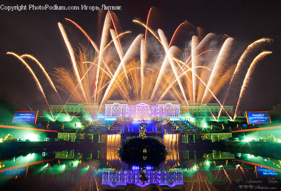 Fireworks, Night, Fountain, Water, Lighting, Club, Festival